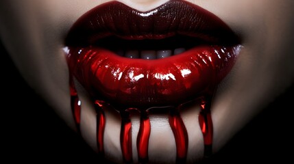 Red lips on black background, cosmetic, fashion style liquid metal - Powered by Adobe