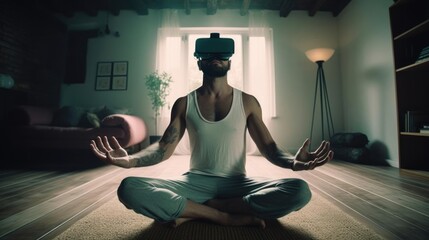 man wearing virtual reality headset and doing yoga at home