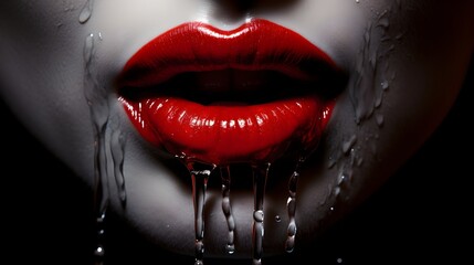 Fototapeta premium Red lips on black background, cosmetic, fashion style liquid metal