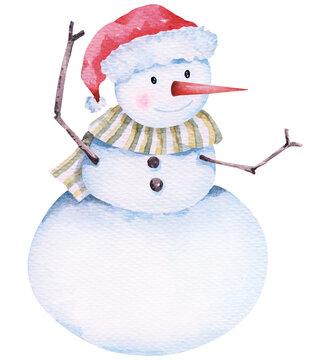 Snowman and hat painted in watercolor.Christmas watercolor illustration.Hand painted winter with Snowman and snowflakes.Greeting cartoon.