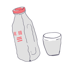 Milk bottle water bottle with glass, colorful art, beautiful hand drawn seamless pattern.