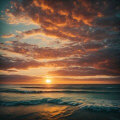 Obraz premium sea sand beach. Panoramic beach landscape. Inspire tropical beach seascape horizon. Orange and golden sunset sky calmness tranquil relaxing sunlight summer mood. 