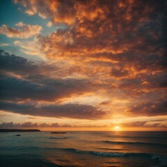 Fototapeta premium sea sand beach. Panoramic beach landscape. Inspire tropical beach seascape horizon. Orange and golden sunset sky calmness tranquil relaxing sunlight summer mood. 