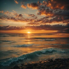 Obraz premium sea sand beach. Panoramic beach landscape. Inspire tropical beach seascape horizon. Orange and golden sunset sky calmness tranquil relaxing sunlight summer mood. 