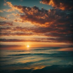 Naklejka na ściany i meble Calm sea with sunset sky and sun through the clouds over. Meditation ocean and sky background. seascape. Horizon over the water.