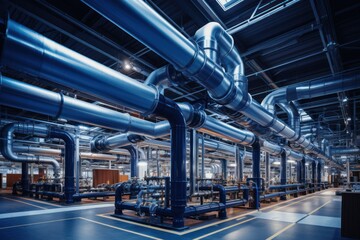 Naklejka premium factory, production, construction, futuristic, artificial, automated, pipe, facility, system, structure. background image is in factory, there have large pipe and automated facility system for product