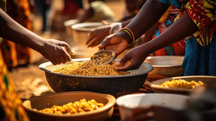  Solving hunger in Africa. Africa Hunger Crisis. People in Africa face acute food insecurity. African people hands with local foods © irissca