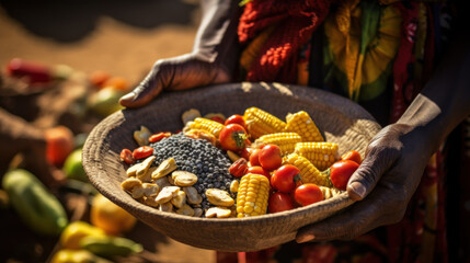 Solving hunger in Africa. Africa Hunger Crisis. People in Africa face acute food insecurity. African people hands with local foods - obrazy, fototapety, plakaty