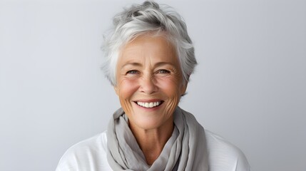 Beautiful elderly senior woman with grey hair laughing and smiling. Mature old lady close up...