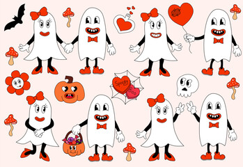 Retro set 70s 60s 80s Hippie Groovy Halloween Ghosts girl and boy in love. Pumpkin, skull, fly agaric, flower power, spider web. Valentine candy hearts with text Boo, Spooky. Vector flat.
