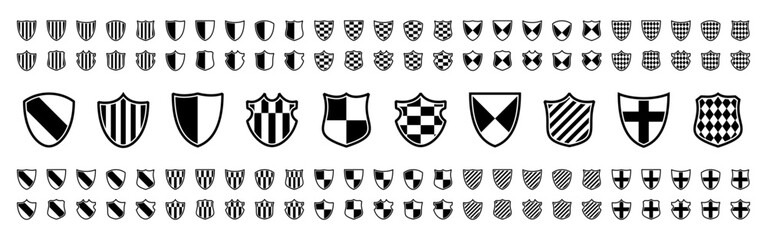 Protection shield vector set. Shields of various shapes with various patterns. Set of black and white icons symbolizing protection. Vector flat illustration