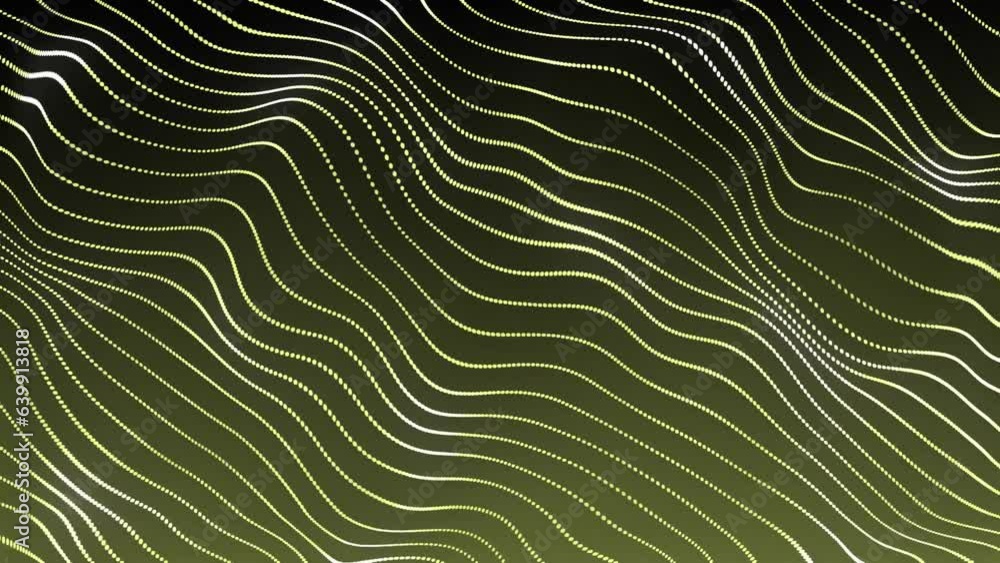 Poster dynamic particles sound flow wave flowing over dark. beautiful yellow neon wave shaped array of glow