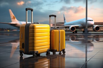 suitcase, flight, journey, transport, travel, trip, window, tourism, luxury, airplane. image background is put suitcase in terminal airport, behind that's airplane park is going to flight and travel.