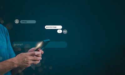 The concept of using digital media, and social media. Surfing online, male hand using smartphone To talk to interact with the AI ​​system, remote work concept, working from home via the Internet