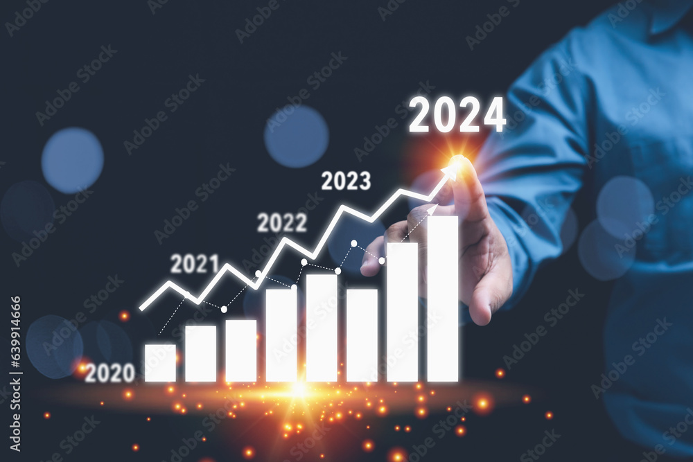 Wall mural businessman touching diagram chart virtual screen future growth year 2024. planning, opportunity, bu