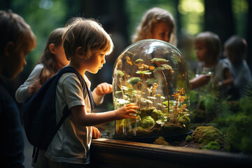 Children gather around a terrarium, learning about ecosystems and the delicate balance of plants and organisms. Concept of Ecosystem Discovery. Generative Ai.