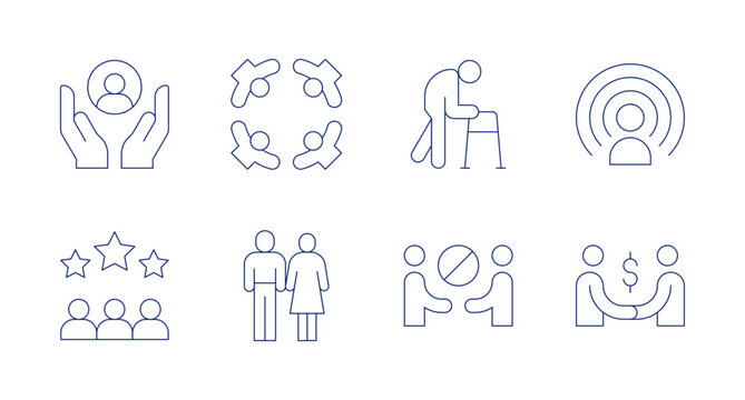 People icons. Editable stroke. Containing care, community, walker, influence, workers, man, avoid, deal.