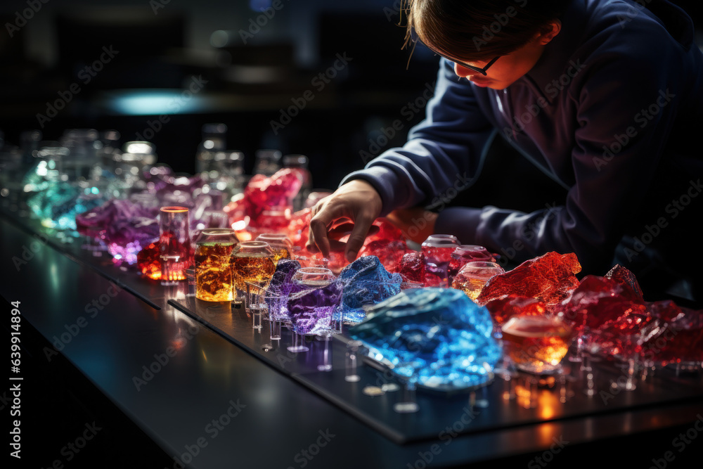Poster curious minds investigate the properties of different materials through hands-on experiments, discov
