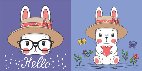 Cute baby rabbit girl with hat, flowers, butterfly for t-shirt graphics, fashion prints, posters and other uses