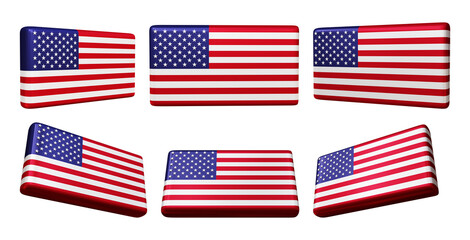 Set of USA American flag isolated on transparent background in 3d rendering.