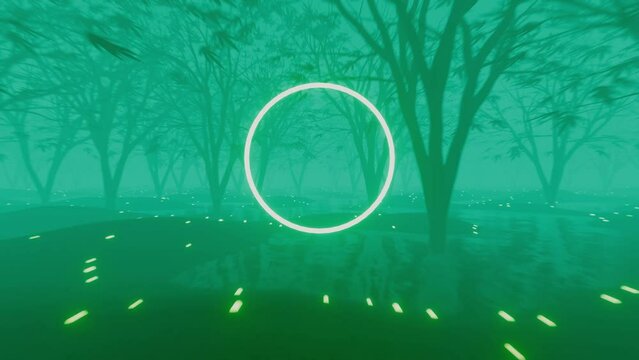 VJ Loop flight through a gloomy foggy fairy forest. Circle in the middle with a place for text. Seamless loop video perfect for VJ thematic sets and festivals, rave parties
