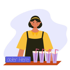 Girl barista selling ice tea illustration character