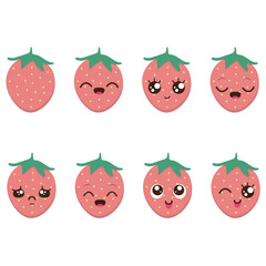 Set of kawaii style strawberries with eyes.Flat design vector illustration of strawberries on white background.