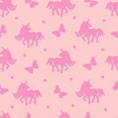 Seamless childish pattern with silhouettes of a unicorn and butterflies on a pink background. © Irina Ivanuk