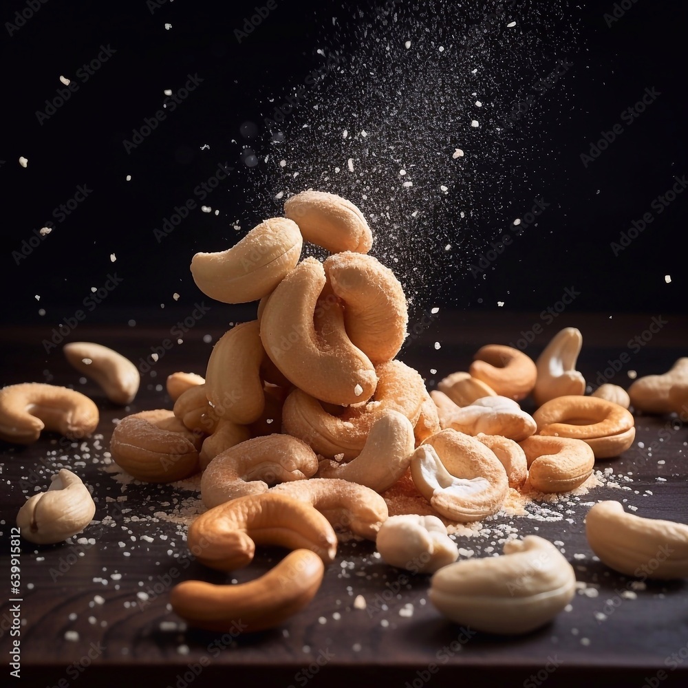 Wall mural Cashew nuts sprinkled with salt. Salted cashews on the table against a black wall. Appetizing cashews with salt. A delicious snack