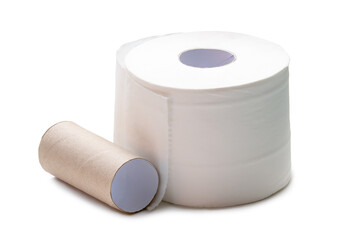Single roll of white tissue paper or napkin with paper core prepared for use in toilet or restroom isolated on white background with clipping path.