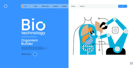 Bio Technology, Organism Builder -modern flat vector concept illustration of robot assembling organism using blocks, parts representing organ systems. Metaphor of regenerative medicine and 3D printing