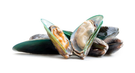 Steamed or cooked food of fresh beautiful green mussels in stack isolated on white background with...