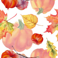 Seamless pattern of autumn leaves of maple, aspen and physalis. Watercolor illustration. Thanksgiving, Halloween.