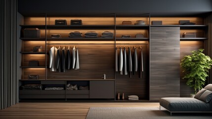 Front view of a modern minimalist walk-in closet. Wardrobe with neatly hung clothes, comfortable couch, plant in floor pot, home decor. Mockup, 3D rendering.