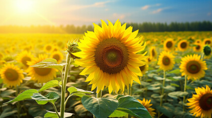Sunflower on blurred sunny nature background Horizontal agriculture summer banner with sunflowers field