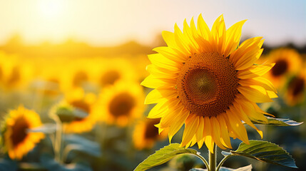 Fototapeta premium Sunflower on blurred sunny nature background Horizontal agriculture summer banner with sunflowers field