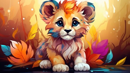 Kawaii baby lion drawing in watercolor style.