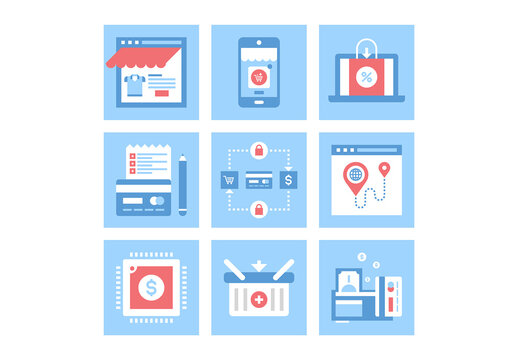 Vector set of flat digital commerce icons on following themes - webshop, mobile commerce, ecommerce, shopping list, secure transactions, navigation, digital money, add to basket, payment methods.