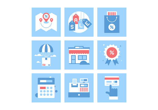 Vector set of flat shopping and commerce icons. Icon pack includes following themes - location, sale, retail, delivery, market, discount, budget, new product, card payment