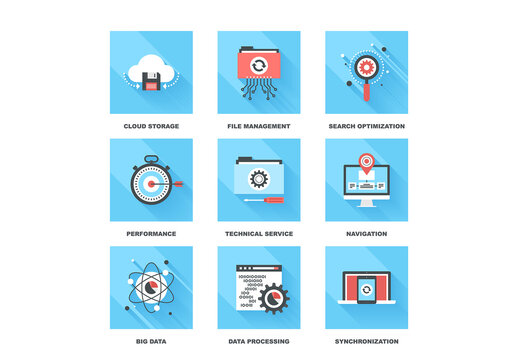 Vector set of flat data management icons on following themes - cloud storage, file management, search optimization, performance, technical service, navigation, big data, data processing, sync