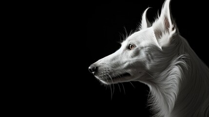 close up portrait of a white dog on the black background