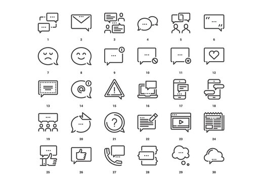 Vector set of message bubbles flat line web icons. Each icon with adjustable strokes neatly designed on pixel perfect 48X48 size grid. Fully editable and easy to use.