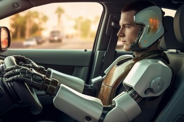 A human-like robot driving a car. Generated AI.