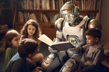 A human-like robot reading a book to the children.  Generated AI. - obrazy, fototapety, plakaty