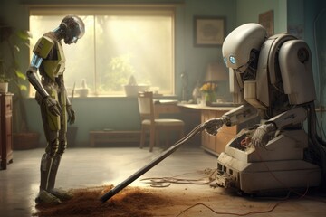 A human-like robot is vacuuming.. Generated AI.