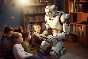 Obraz premium A human-like robot reading a book to the children. Generated AI.