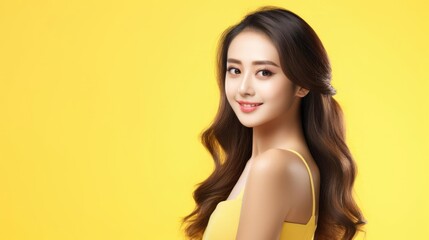 Fototapeta premium Portrait of Beautiful Asian Woman smile with her Smooth skin look at camera in action Posing of a professional model on yellow background in Studio light