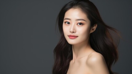 Fototapeta premium Portrait of Beautiful Asian Woman smile with her Smooth skin look at camera in action Posing of a professional model on grey background in Studio light