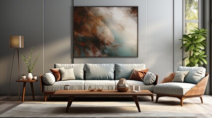 Front view of a modern scandi living room. Gray wall, large abstract painting, comfortable couch with cushions, armchair, coffee table, plant, vintage rug, home decor. Mockup, 3D rendering.