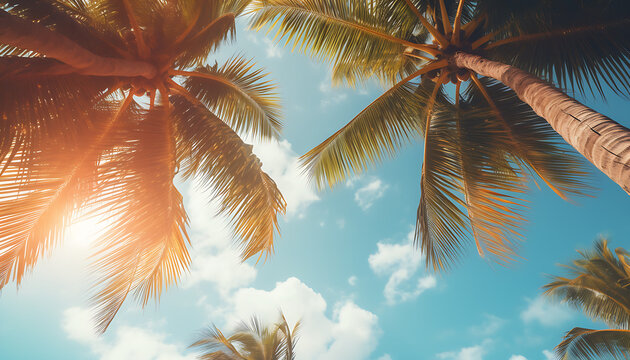 Blue sky and palm trees view from below, vintage style, tropical beach and summer background